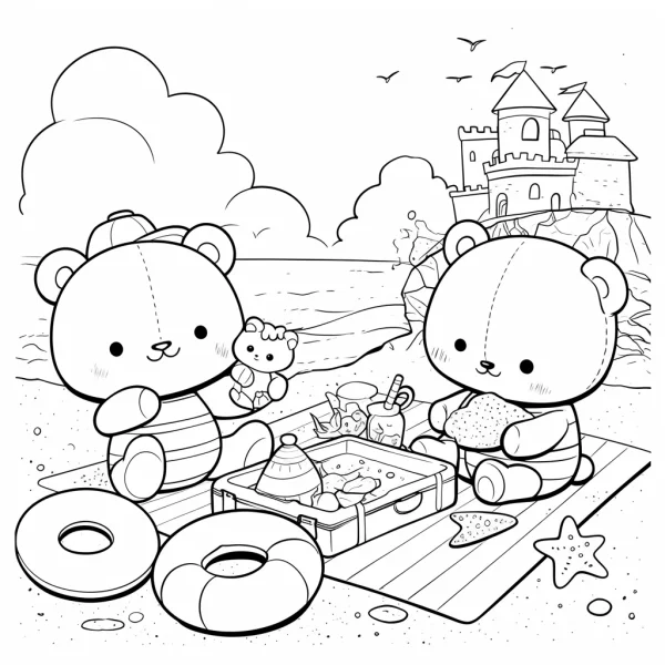 Two cute teddy bears having a picnic on the beach, cartoon style — free printable beach vacation coloring book page
