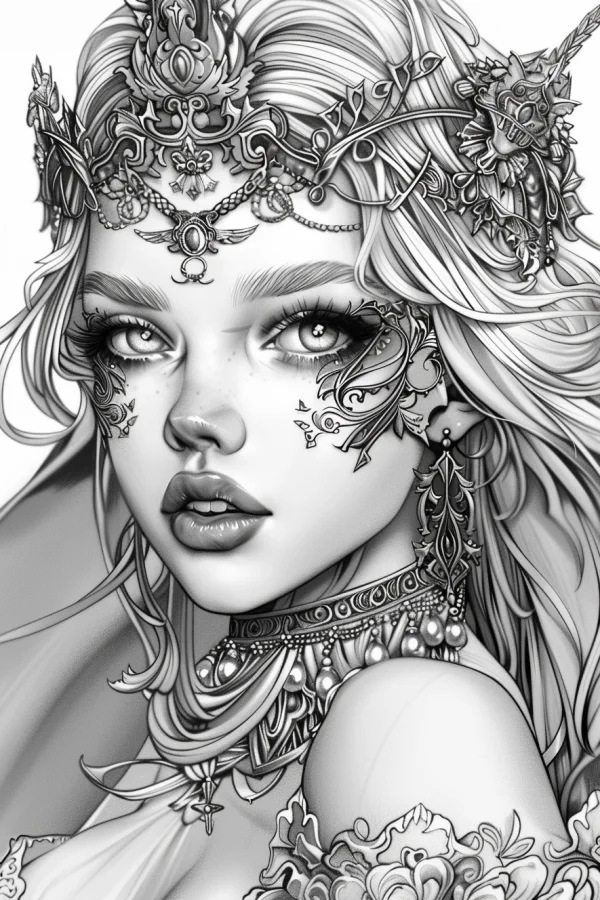 Elegant fantasy woman with ornate headwear and facial decorative patterns, intricate court-style motifs — free printable female character coloring book page