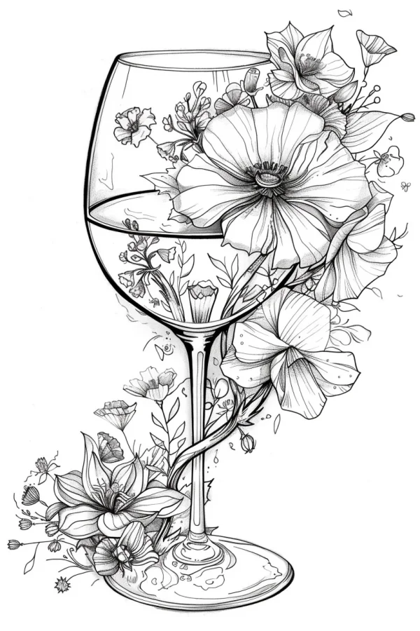 Wine glass entwined with poppies and various flowers and vines, floral illustration style — free printable beverages coloring book page