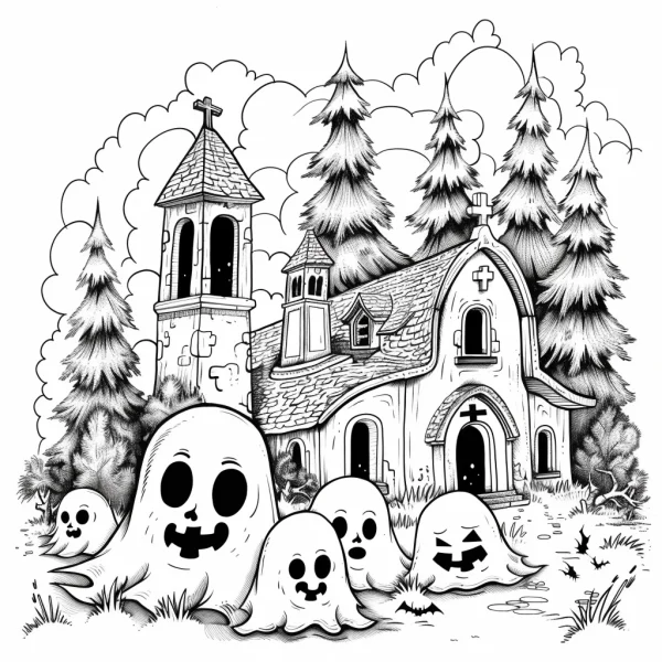 Cute cartoon ghosts in front of a stone church in a pine forest, cartoon style — free printable scenes coloring book page