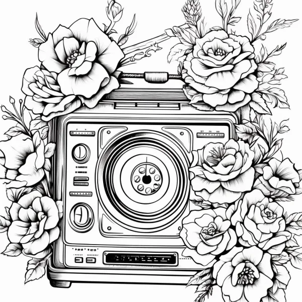 Vintage radio surrounded by roses and various flowers, retro illustration style — free printable living items coloring book page