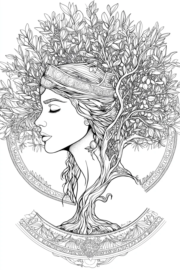 Tree goddess with branches and leaves forming hair, art nouveau and greek style — free printable greek culture coloring book page