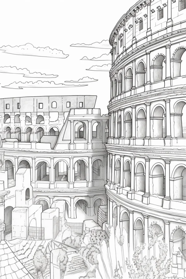 Roman colosseum ruins, realistic vintage european style — free printable historical architecture coloring book page