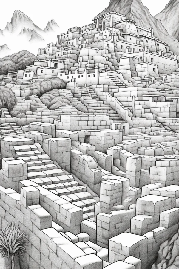 Machu picchu ancient ruins, realistic sketch style — free printable ancient ruins coloring book page