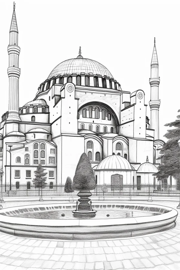 Hagia sophia (islamic dome cathedral) with circular fountain in foreground, realistic sketch style — free printable scenery coloring book page