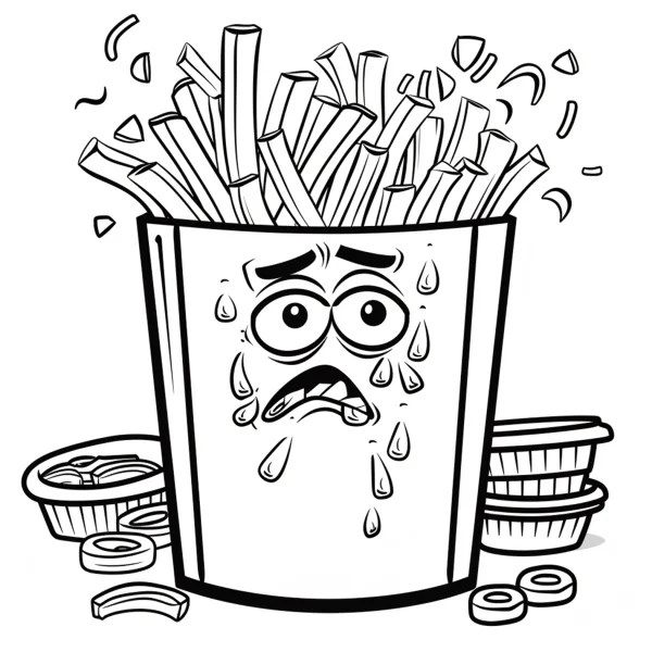 Anthropomorphic crying french fries cup with sad facial expression, cartoon style — free printable personification coloring book page