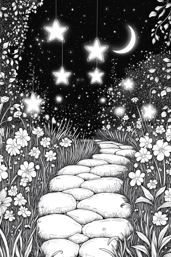 Moonlit forest stone path, fantasy dreamy style — free printable dreamy coloring book page
