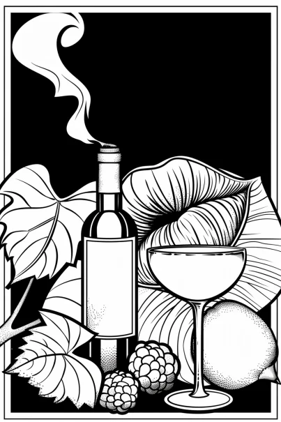 Wine bottle and cocktail glass paired with blackberries, lemon and grape leaves — free printable beverages coloring book page