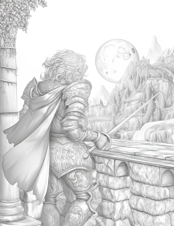 Back view of knight with carved armor and cloak, holding sword — free printable knight coloring book page