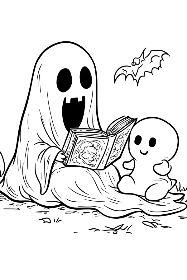 Cute big ghost reading an open book to small ghost, cartoon style — free printable parent-child coloring book page