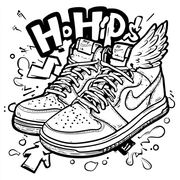 Trendy high-top sneakers with wings, graffiti street art style — free printable trend coloring book page