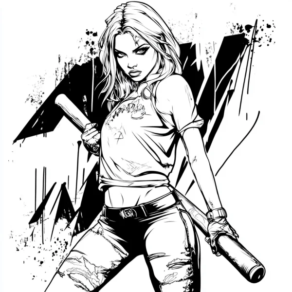 Cool girl holding baseball bat, comic street style — free printable street coloring book page