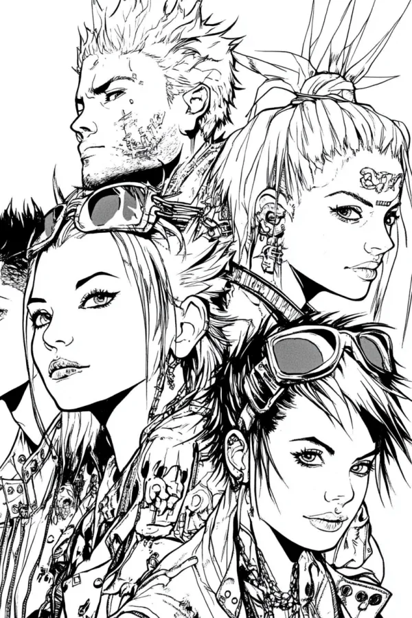 Group of punk-style young people, anime punk art style — free printable punk coloring book page