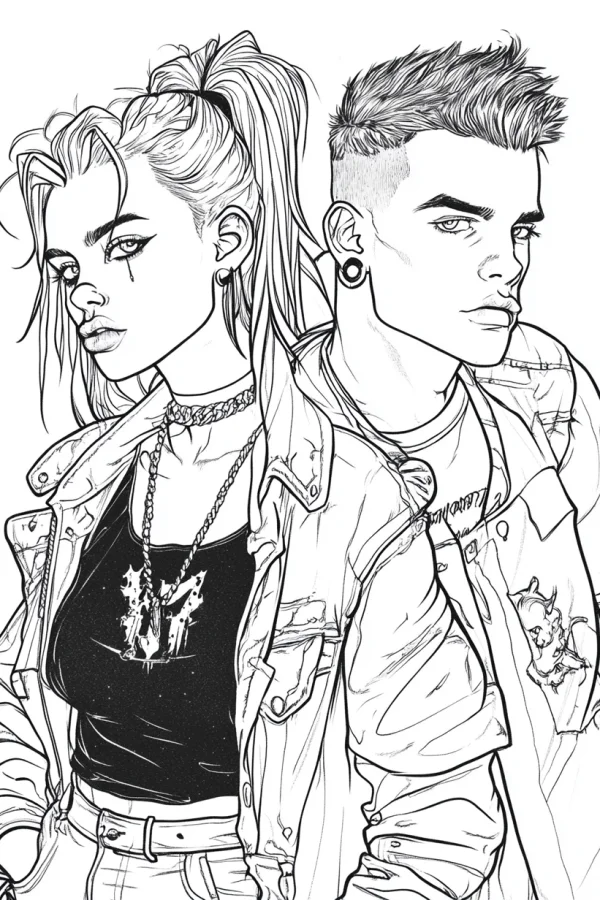 Coloring book page, punk style young man and woman — free printable punk coloring book page