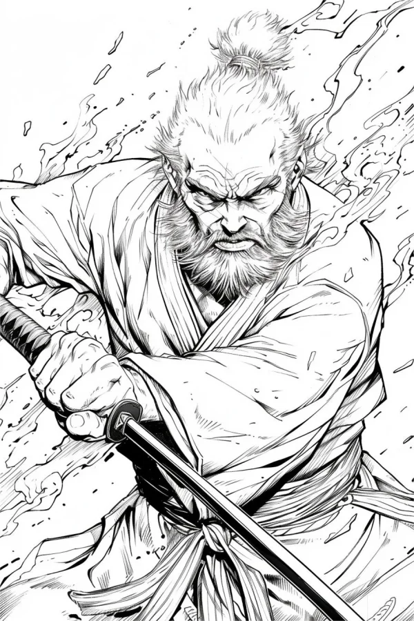 Elderly samurai drawing his katana, anime and japanese style — free printable combat coloring book page