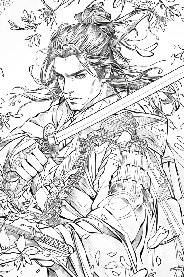 Japanese samurai holding katana, japanese anime style — free printable martial arts coloring book page
