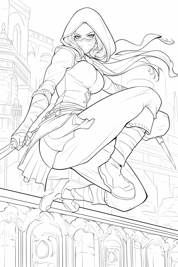 Masked female ninja in hooded cloak, anime style — free printable ninja coloring book page