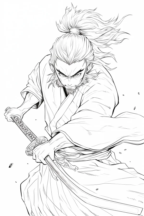 Samurai drawing katana in dynamic pose, japanese anime style — free printable action coloring book page