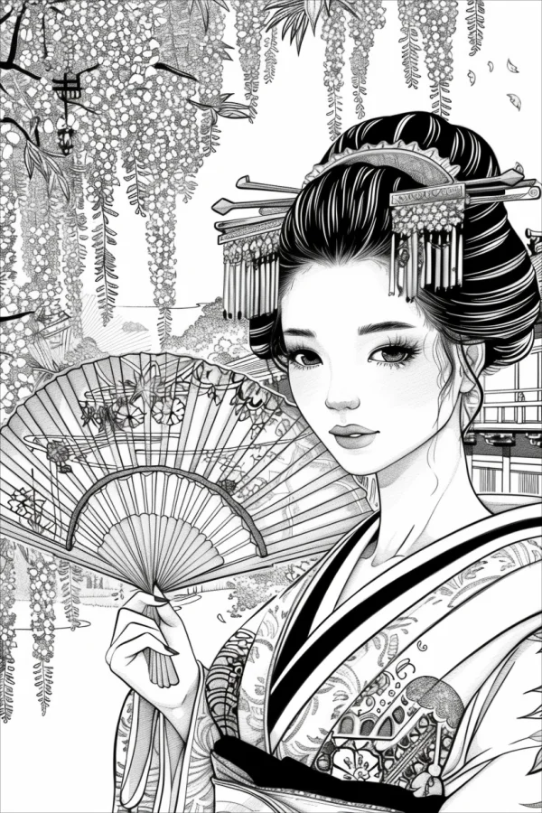 Japanese geisha holding a folding fan, japanese illustration style — free printable classical scene coloring book page