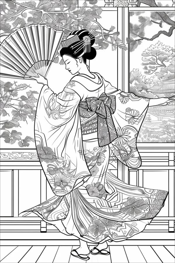 Geisha in traditional japanese kimono, japanese ukiyo-e inspired style — free printable traditional scene coloring book page