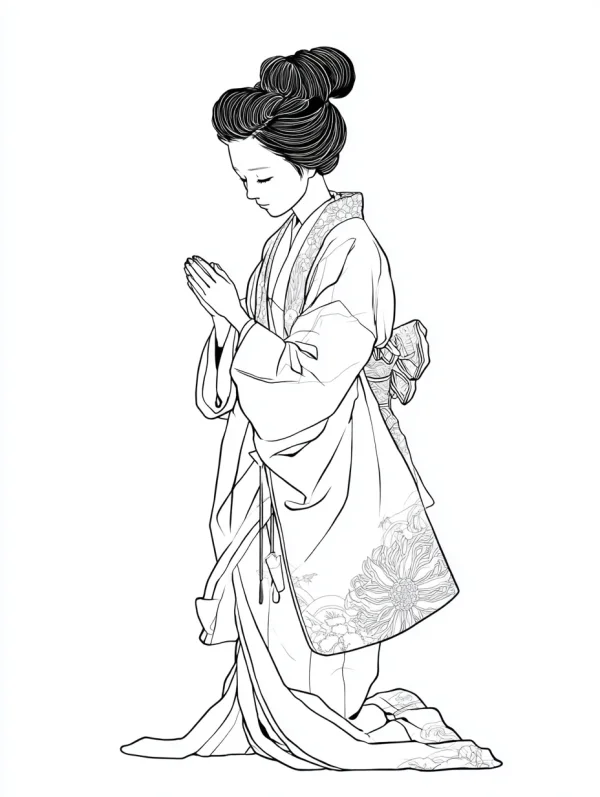Kneeling japanese woman in traditional kimono with hands clasped in prayer, japanese style — free printable traditional culture coloring book page