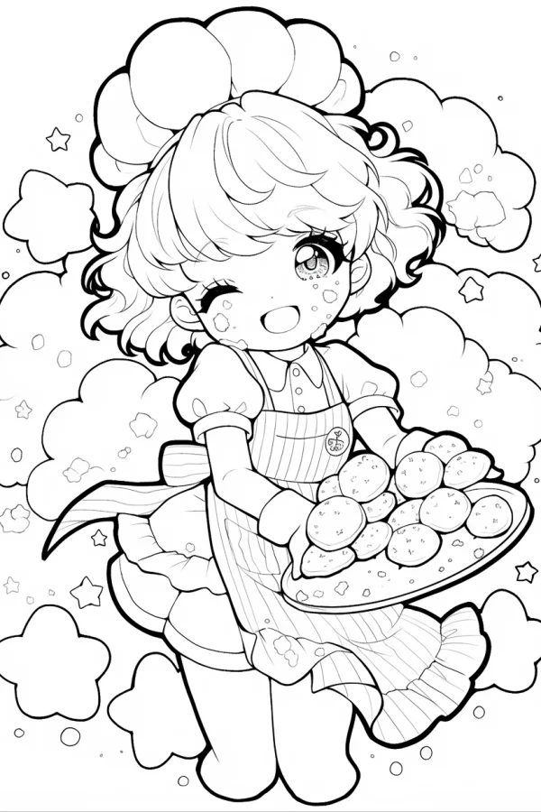Cartoon little chef girl holding a tray of cookies, cute anime cartoon style — free printable chef coloring book page