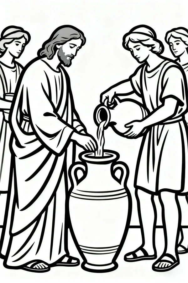 Jesus and disciples with a large amphora, religious illustration style — free printable religious stories coloring book page