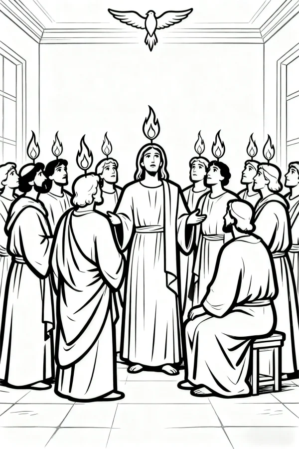 Religious scene with disciples having flames above their heads, holy spirit dove above them — free printable religious stories coloring book page