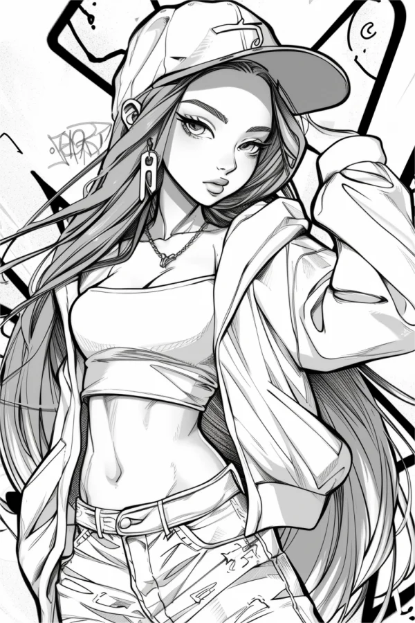 Street-style fashionable girl, anime graffiti style — free printable street coloring book page
