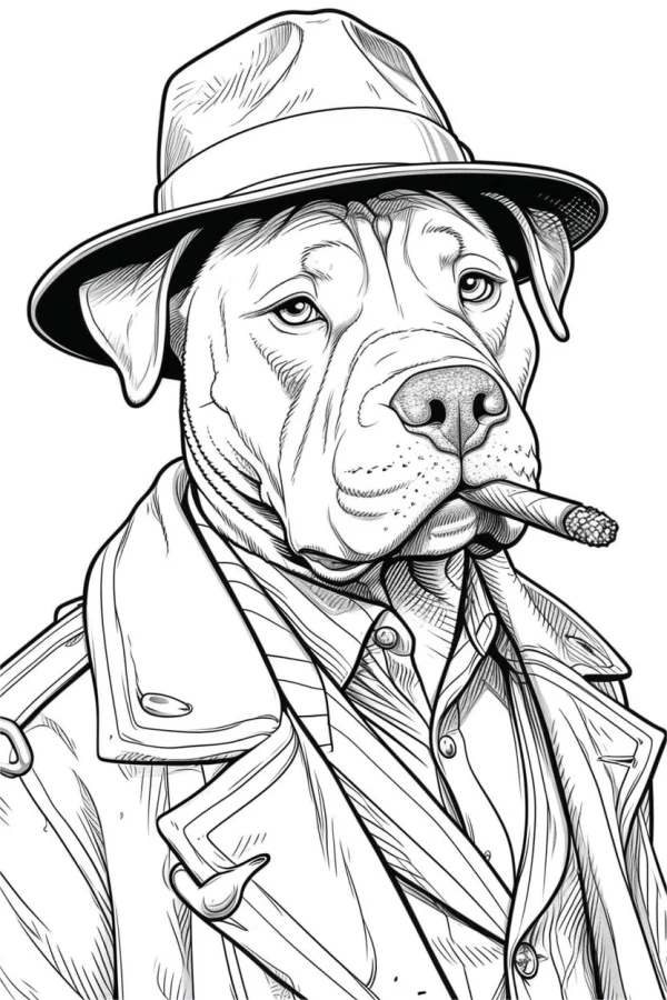 Anthropomorphic tough dog in retro detective style, wearing fedora hat and trench coat — free printable personification coloring book page