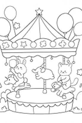 Cartoon animal carousel with rabbit, elephant — free printable theme park coloring book page