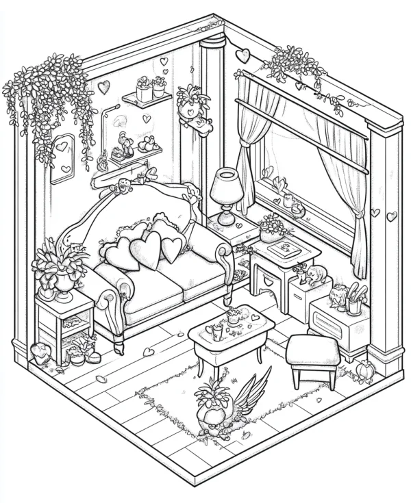 Cozy isometric living room scene, cartoon illustration style — free printable cozy daily life coloring book page