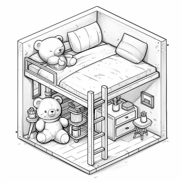 Isometric mini room with bunk bed and teddy bears, cartoon style — free printable dolls coloring book page
