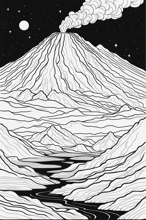 Erupting volcano with mountain valleys and winding river, line art style — free printable volcano coloring book page