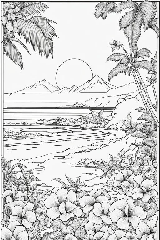 Tropical coastal landscape with hibiscus flowers and palm trees, realistic line art style — free printable tropical plants coloring book page