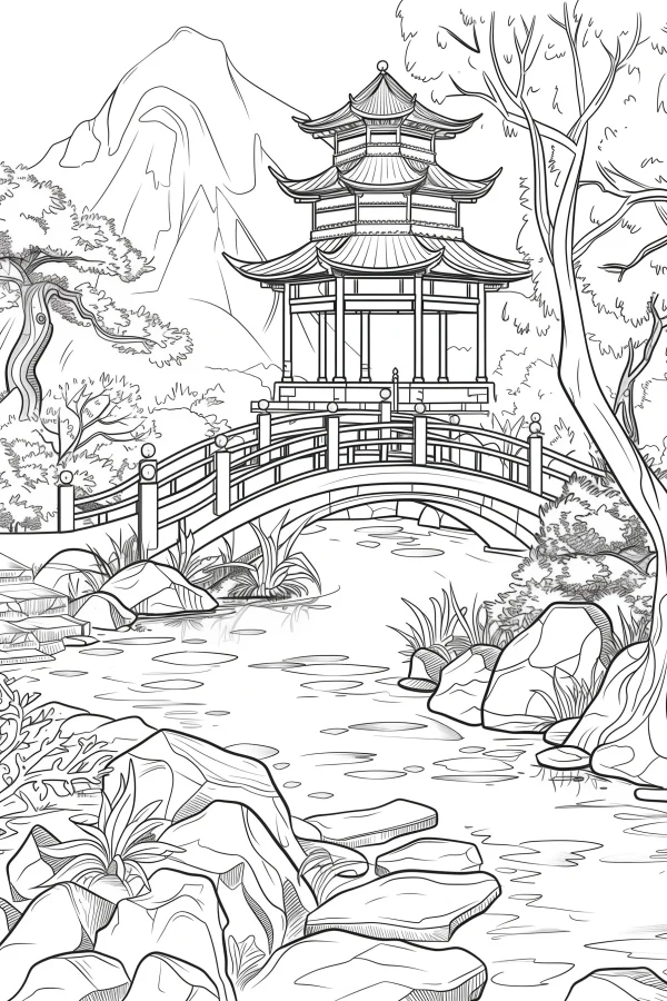 Chinese garden landscape with pavilion and arched bridge, chinese style — free printable gardens coloring book page