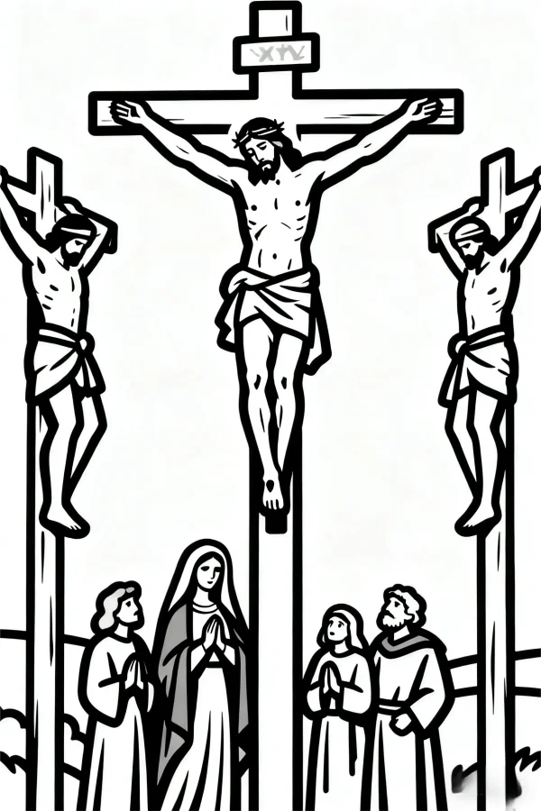 Crucifixion of jesus scene, religious illustration style — free printable bible stories coloring book page