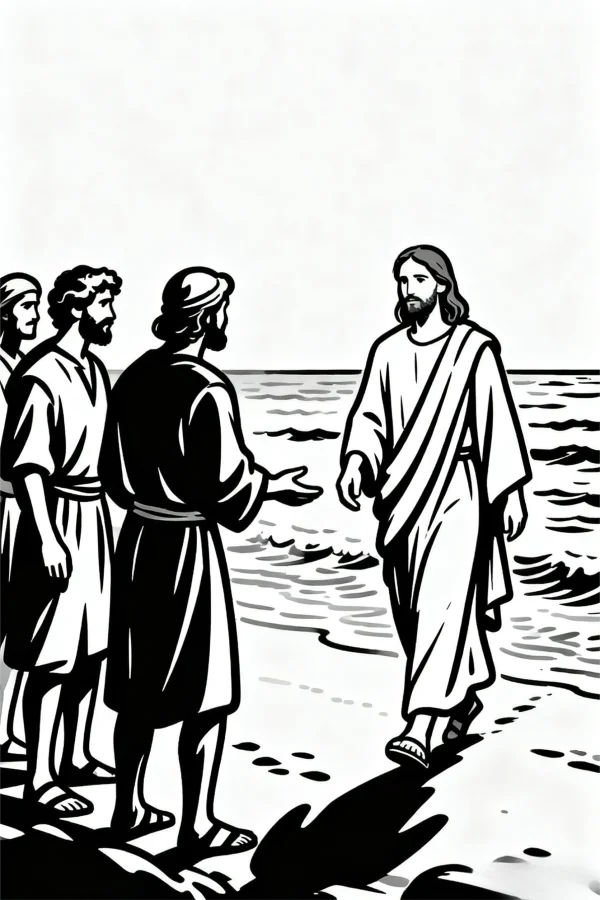 Jesus and his disciples on the beach, realistic line art style — free printable bible stories coloring book page
