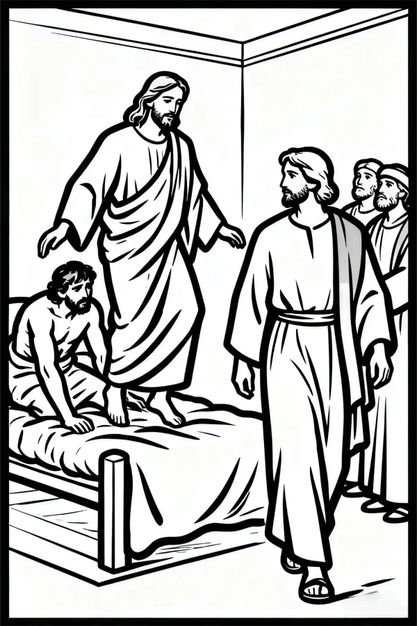 Jesus with a sick man and disciples, realistic illustration style — free printable bible stories coloring book page