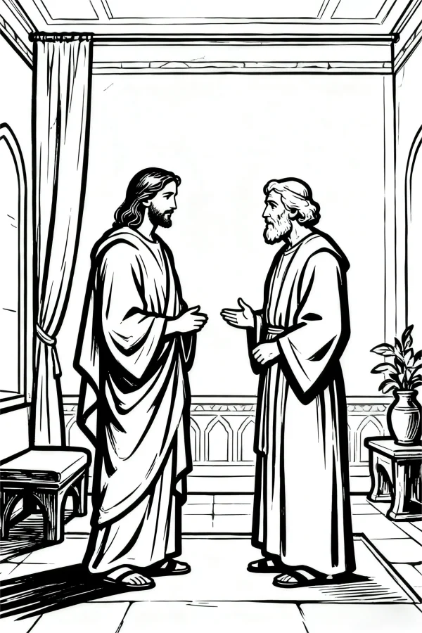 Jesus conversing with an elderly man, realistic line art style — free printable historical scene coloring book page