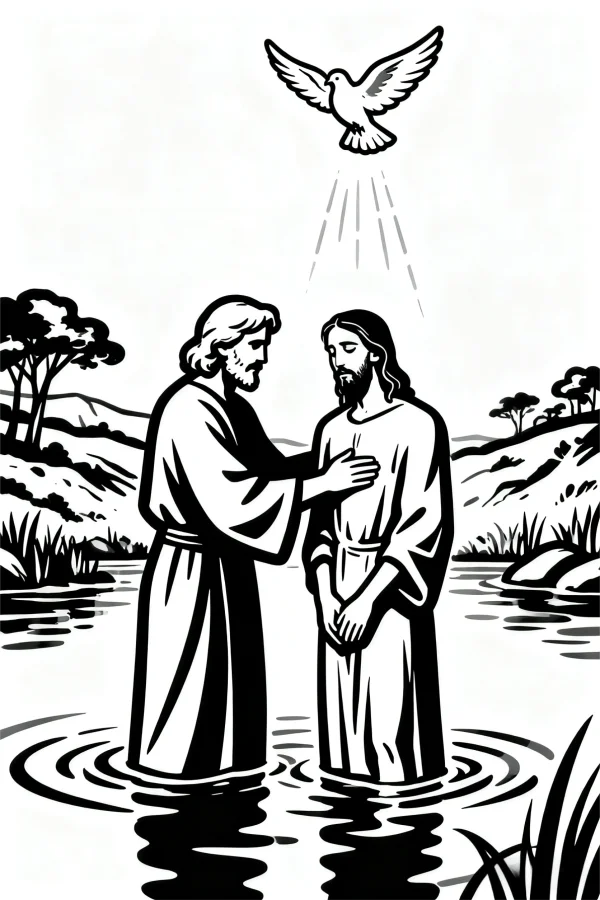 Baptism scene featuring jesus, john the baptist and holy spirit dove — free printable bible stories coloring book page