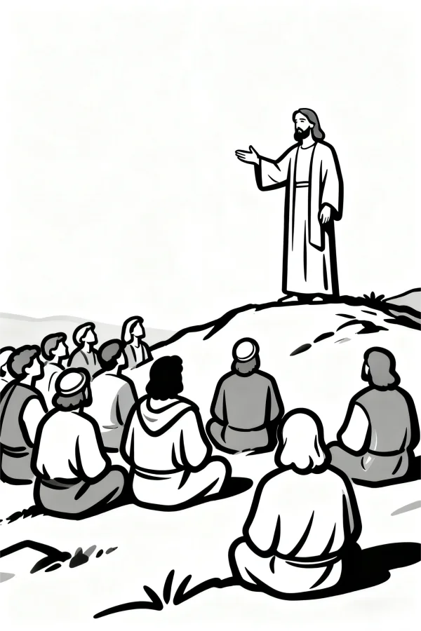 Jesus preaching to his disciples on a hillside, cartoon style — free printable bible stories coloring book page
