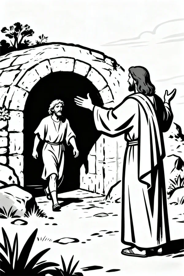 Religious scene with jesus and a disciple walking out of stone arch tomb, realistic line art — free printable bible stories coloring book page