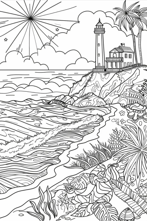 Tropical coastal lighthouse landscape, realistic line art style — free printable tropical plants coloring book page