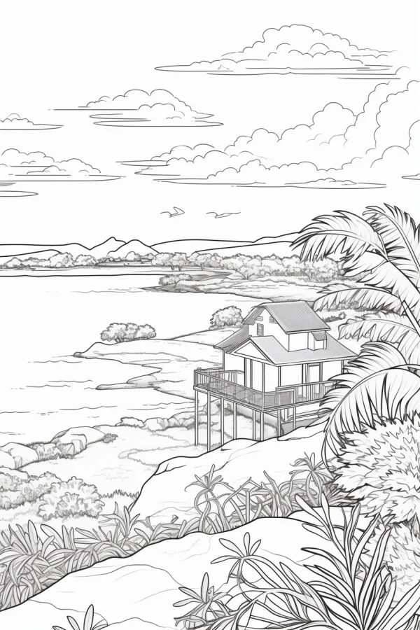 Stilt house by the lakeside, coastal landscape with palm trees — free printable beach vacation coloring book page
