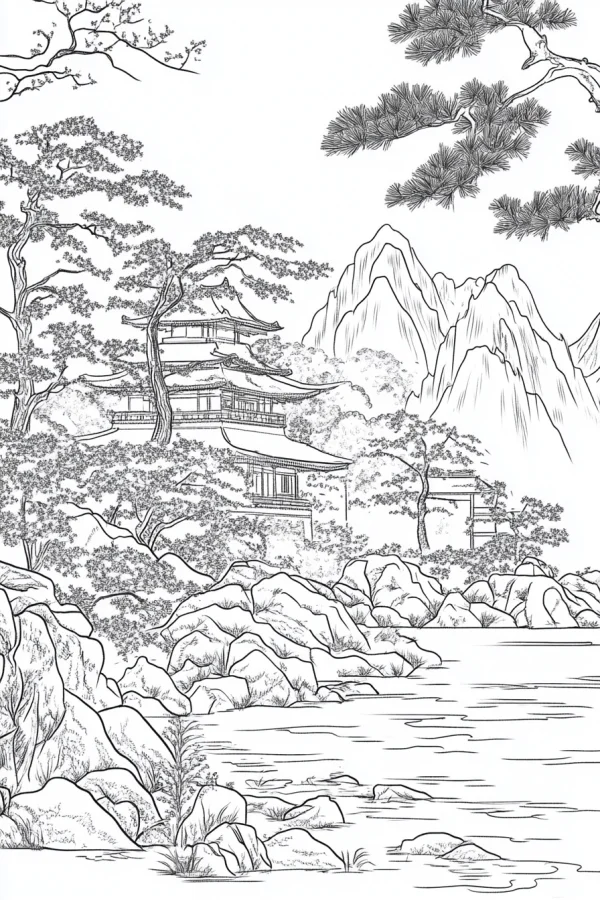 Chinese-style ancient multi-story tower in landscape with mountains, pine trees — free printable classical architecture coloring book page