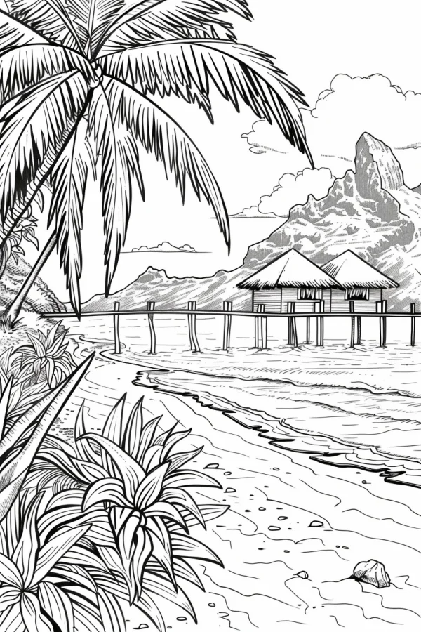 Tropical beach with overwater bungalows, realistic line art style — free printable tropical style coloring book page