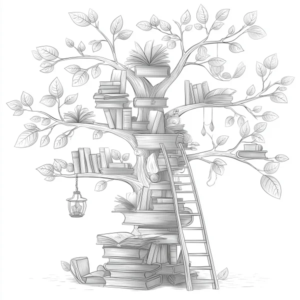 Whimsical tree constructed from books, fantasy style — free coloring book page