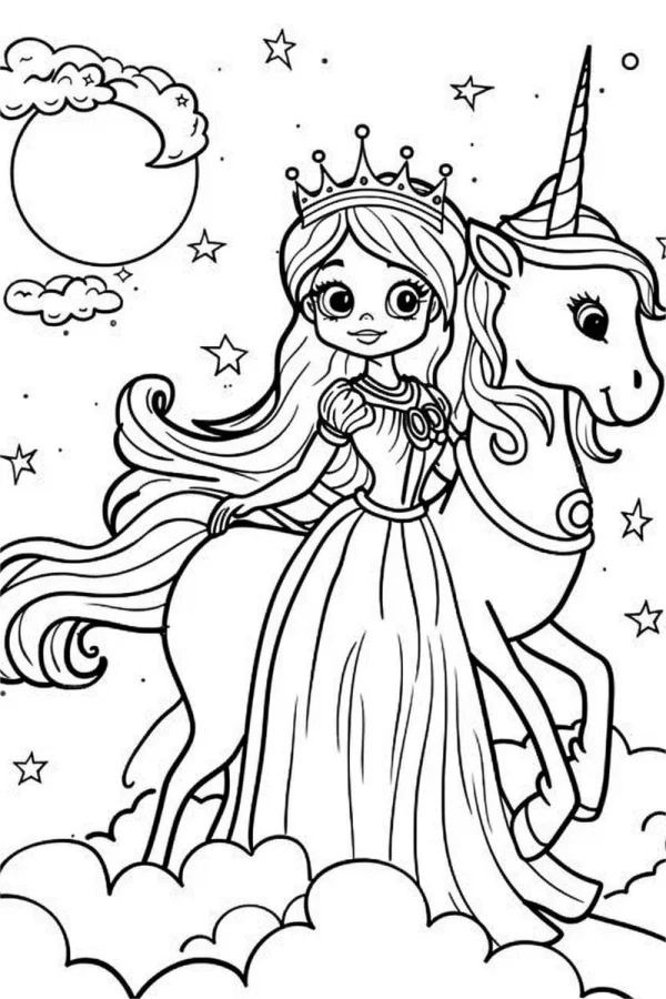 Princess with unicorn, cartoon style — free printable unicorn coloring book page