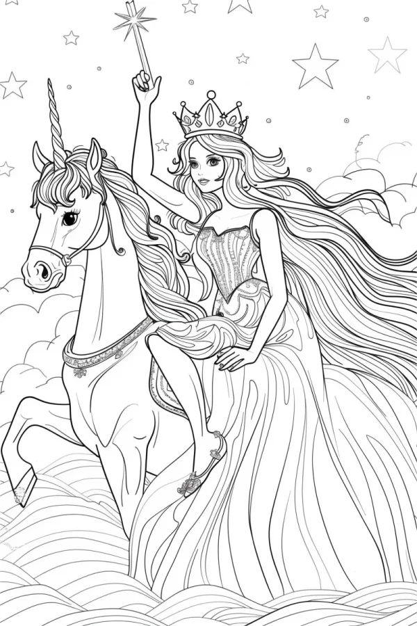 Princess riding a unicorn, fairy tale cartoon style — free printable unicorn coloring book page